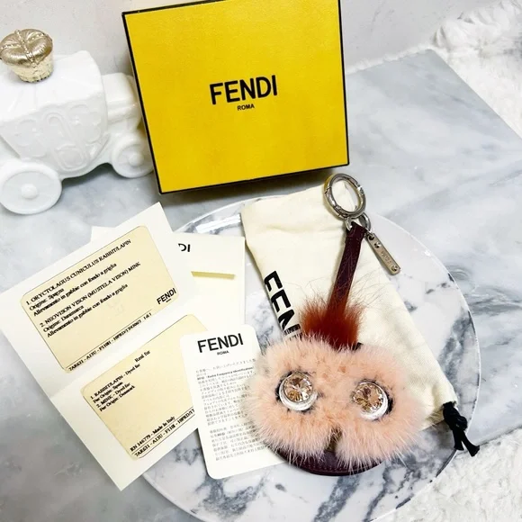 Authentic Fendi Crystal Eye Monster Mink & Rabbit Fur Compact Mirror Bag Charm - Picture 13 of 14